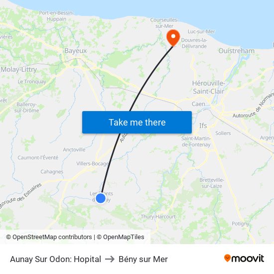 Aunay Sur Odon: Hopital to Bény sur Mer map