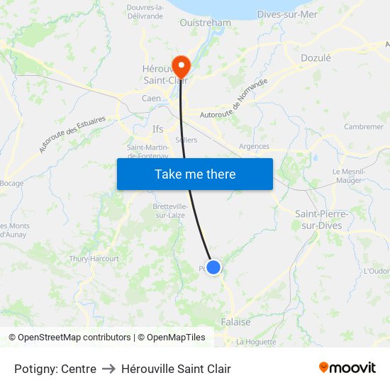 Potigny: Centre to Hérouville Saint Clair map