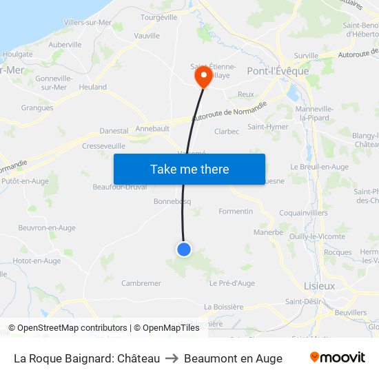 La Roque Baignard: Château to Beaumont en Auge map