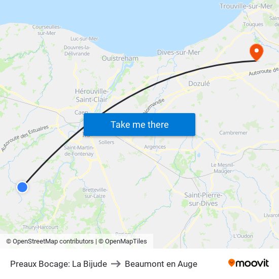 Preaux Bocage: La Bijude to Beaumont en Auge map