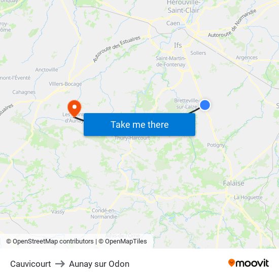Cauvicourt to Aunay sur Odon map