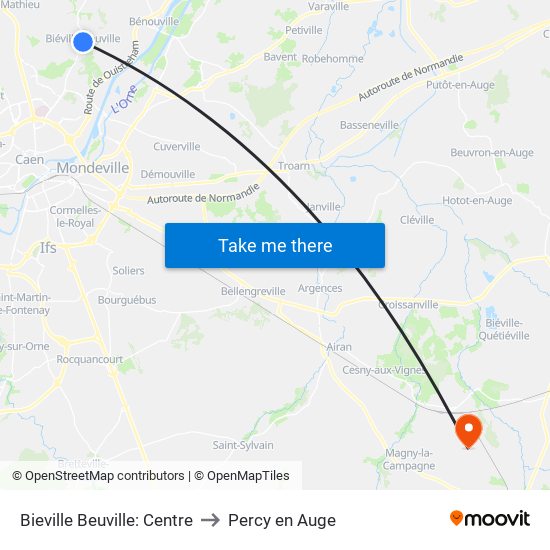 Bieville Beuville: Centre to Percy en Auge map