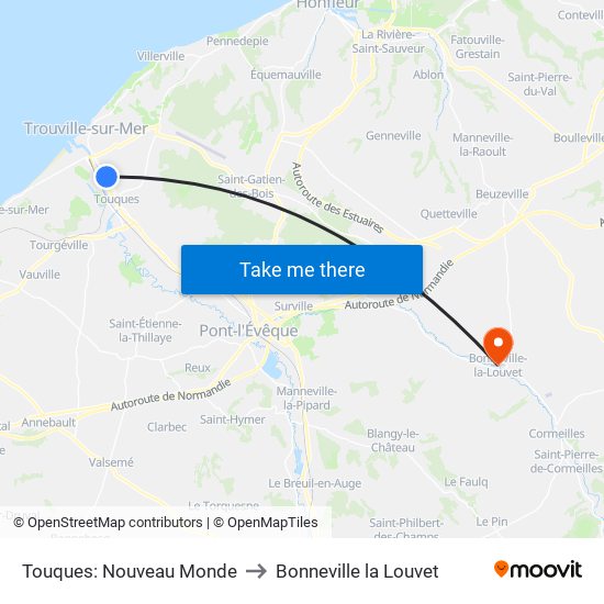 Touques: Nouveau Monde to Bonneville la Louvet map