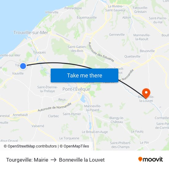 Tourgeville: Mairie to Bonneville la Louvet map