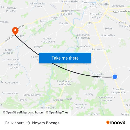 Cauvicourt to Noyers Bocage map