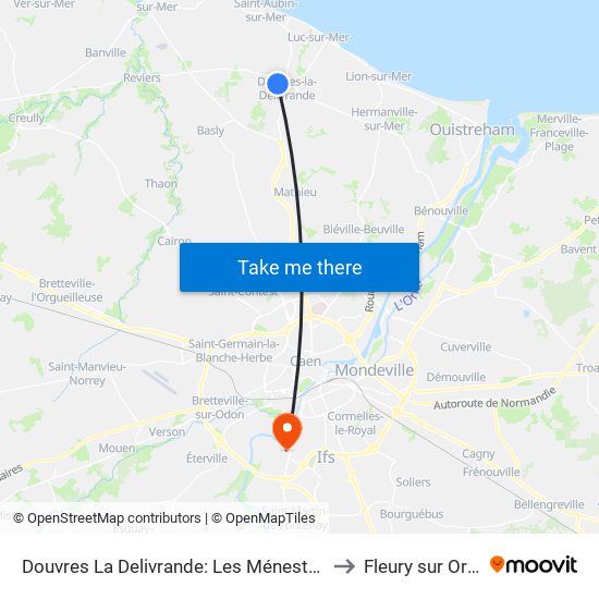 Douvres La Delivrande: Les Ménestrels to Fleury sur Orne map