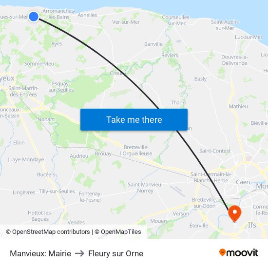 Manvieux: Mairie to Fleury sur Orne map