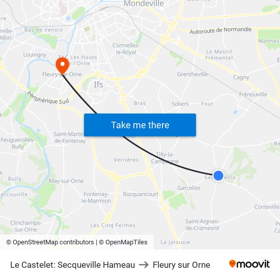 Le Castelet: Secqueville Hameau to Fleury sur Orne map