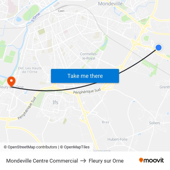 Mondeville Centre Commercial to Fleury sur Orne map