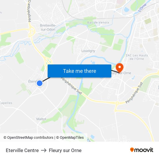 Eterville Centre to Fleury sur Orne map