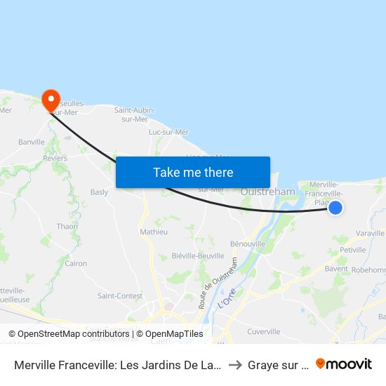 Merville Franceville: Les Jardins De La Fontaine to Graye sur Mer map