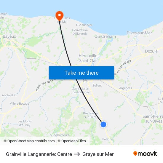 Grainville Langannerie: Centre to Graye sur Mer map