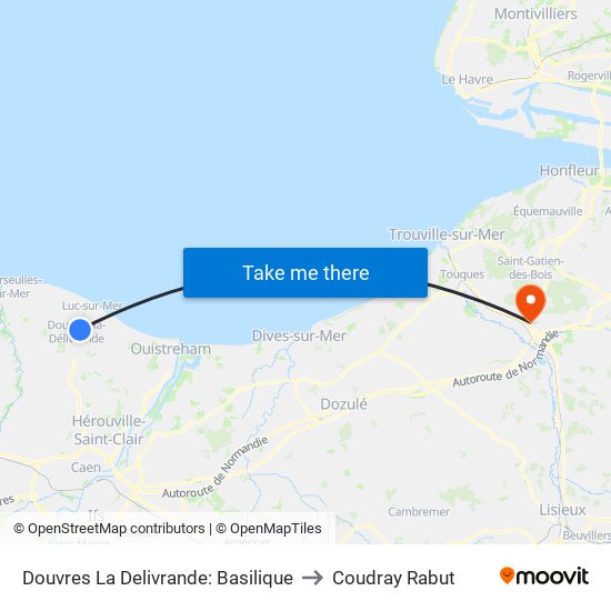 Douvres La Delivrande: Basilique to Coudray Rabut map