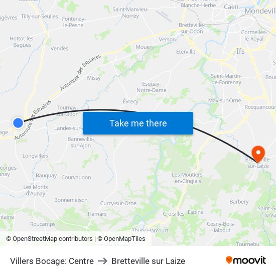 Villers Bocage: Centre to Bretteville sur Laize map