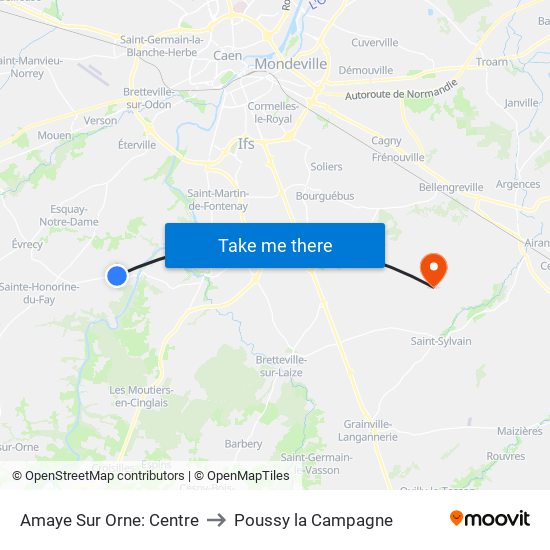 Amaye Sur Orne: Centre to Poussy la Campagne map