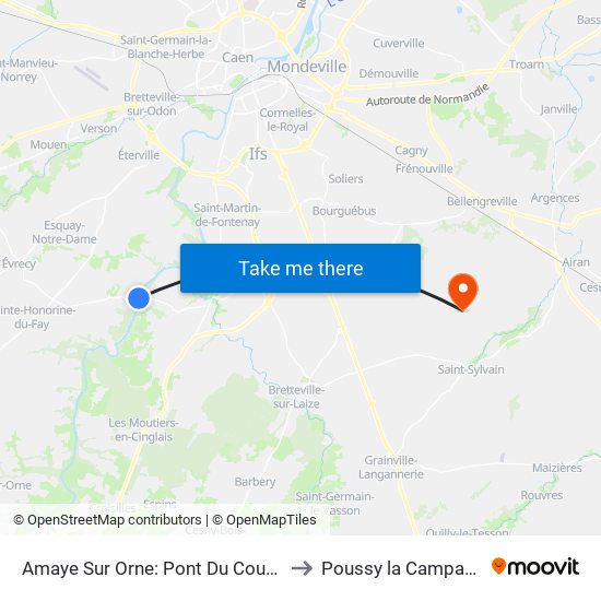 Amaye Sur Orne: Pont Du Coudray to Poussy la Campagne map