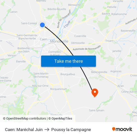Caen: Maréchal Juin to Poussy la Campagne map