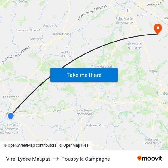 Vire: Lycée Maupas to Poussy la Campagne map