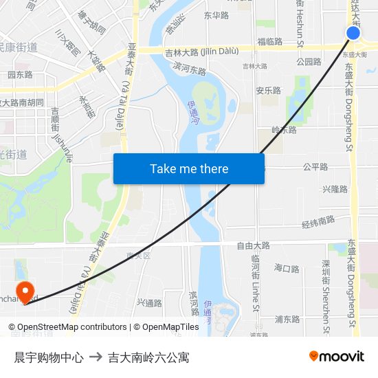 晨宇购物中心 to 吉大南岭六公寓 map