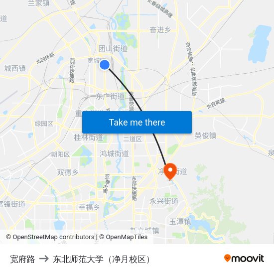 宽府路 to 东北师范大学（净月校区） map