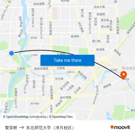 繁荣桥 to 东北师范大学（净月校区） map