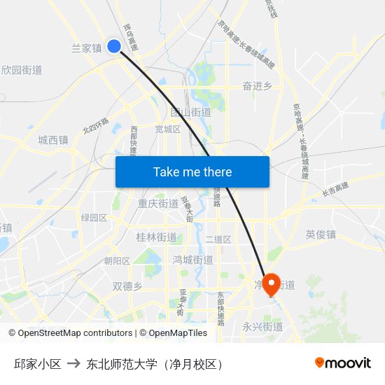 邱家小区 to 东北师范大学（净月校区） map
