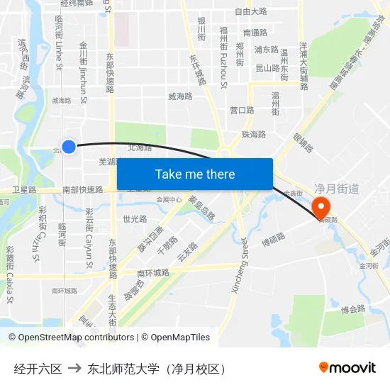 经开六区 to 东北师范大学（净月校区） map