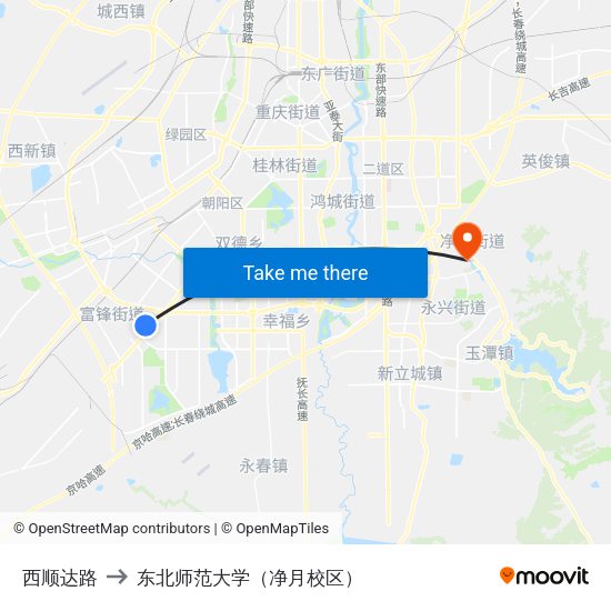 西顺达路 to 东北师范大学（净月校区） map