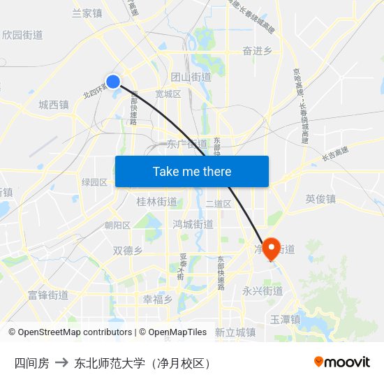 四间房 to 东北师范大学（净月校区） map