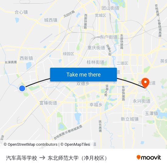 汽车高等学校 to 东北师范大学（净月校区） map