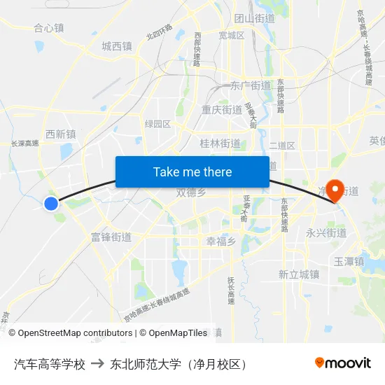 汽车高等学校 to 东北师范大学（净月校区） map
