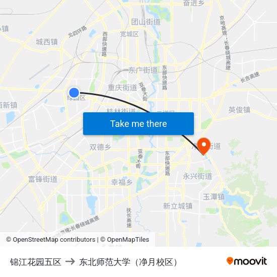 锦江花园五区 to 东北师范大学（净月校区） map