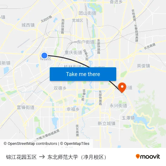 锦江花园五区 to 东北师范大学（净月校区） map