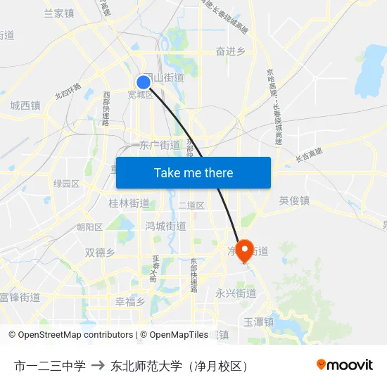 市一二三中学 to 东北师范大学（净月校区） map