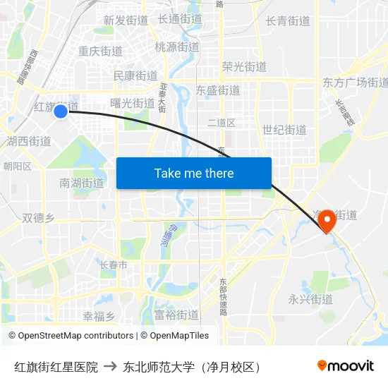 红旗街红星医院 to 东北师范大学（净月校区） map