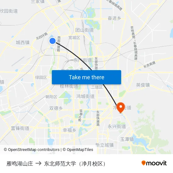 雁鸣湖山庄 to 东北师范大学（净月校区） map