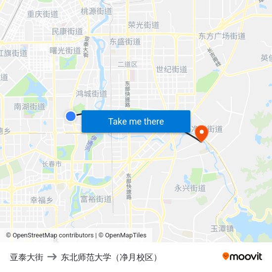 亚泰大街 to 东北师范大学（净月校区） map