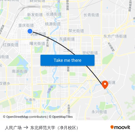人民广场 to 东北师范大学（净月校区） map