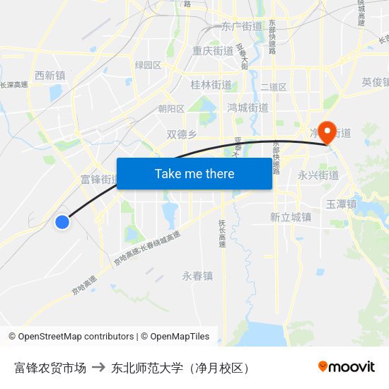富锋农贸市场 to 东北师范大学（净月校区） map