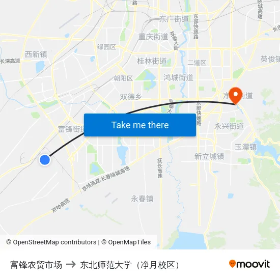 富锋农贸市场 to 东北师范大学（净月校区） map