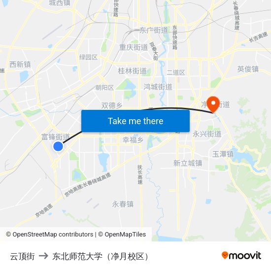 云顶街 to 东北师范大学（净月校区） map