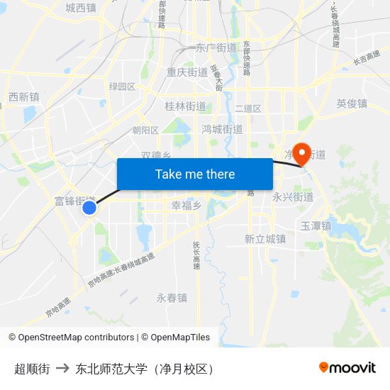 超顺街 to 东北师范大学（净月校区） map