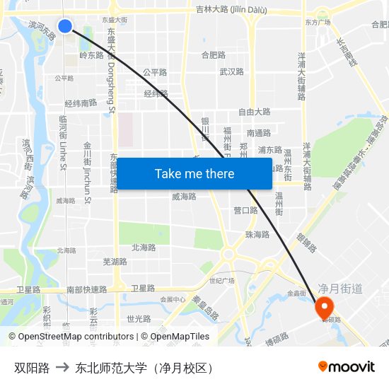 双阳路 to 东北师范大学（净月校区） map