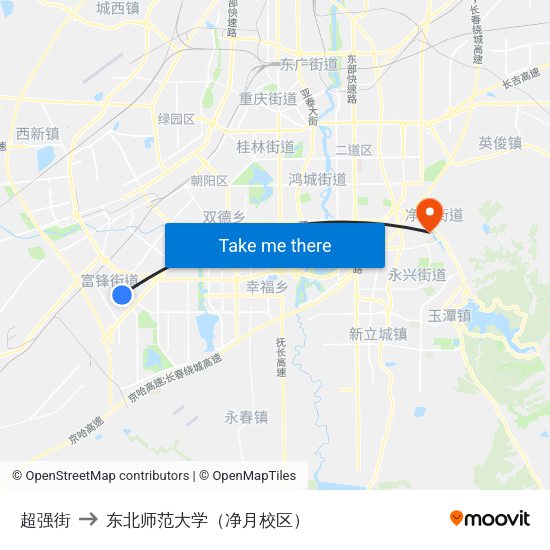超强街 to 东北师范大学（净月校区） map