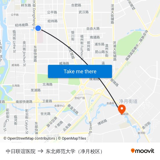 中日联谊医院 to 东北师范大学（净月校区） map