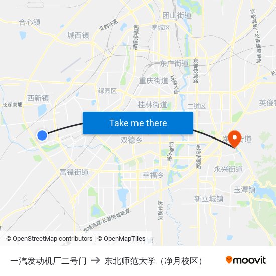 一汽发动机厂二号门 to 东北师范大学（净月校区） map