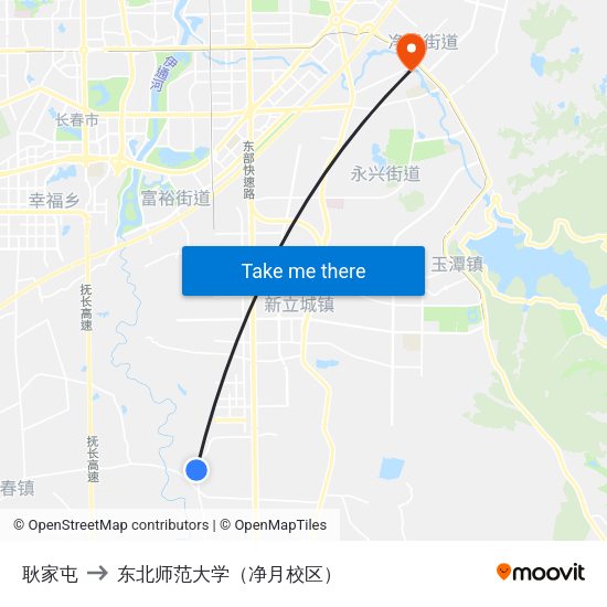 耿家屯 to 东北师范大学（净月校区） map