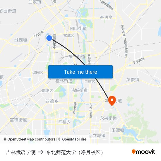 吉林俄语学院 to 东北师范大学（净月校区） map