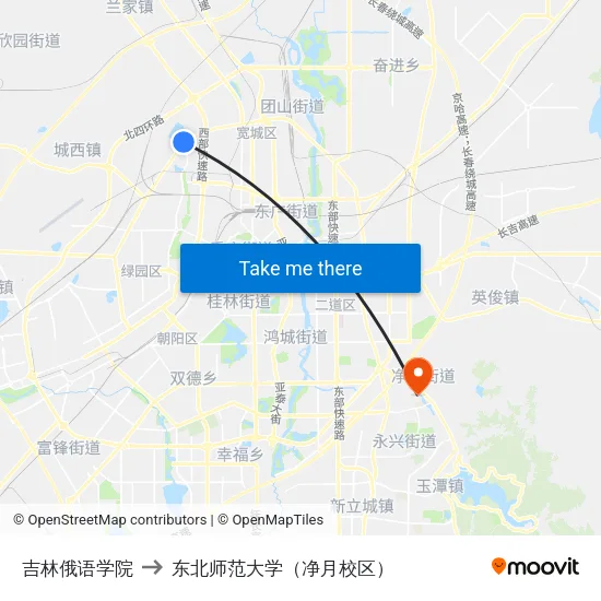 吉林俄语学院 to 东北师范大学（净月校区） map