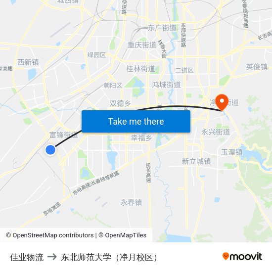 佳业物流 to 东北师范大学（净月校区） map